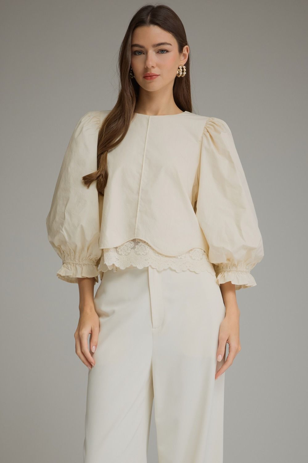ENTRO Solid 3/4 Balloon Sleeve Top With Lace Hem In Ecru