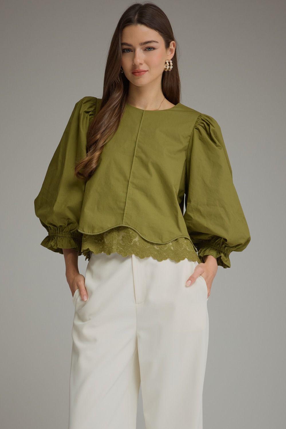 ENTRO Solid 3/4 Balloon Sleeve Top With Lace Hem In Martini Olive