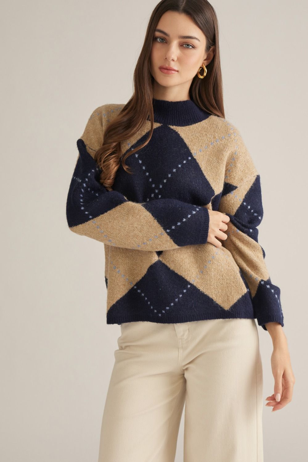 ENTRO Argyle Sweater In Camel Navy