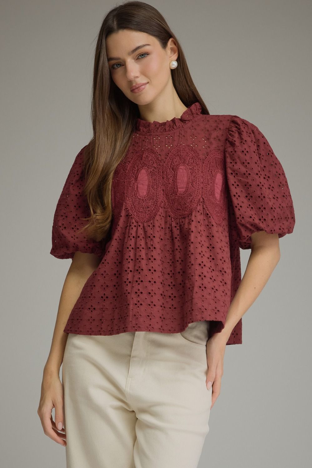 ENTRO Short Puff Sleeve High Neck Eyelet Top In Burgundy