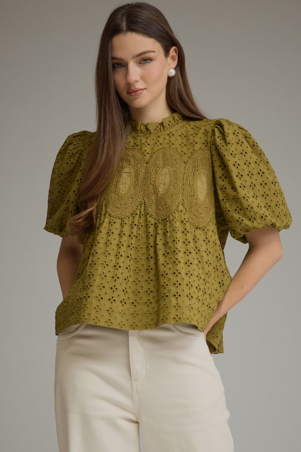 ENTRO Short Puff Sleeve High Neck Eyelet Top In Olive