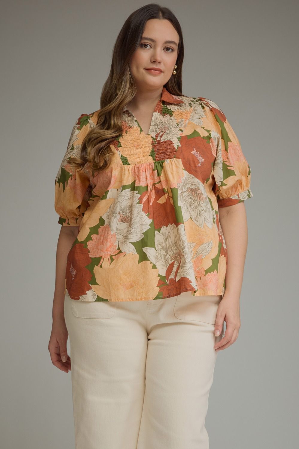 ENTRO Floral Puff Sleeve Top With V Neck In Olive PLUS Sizes *COMING SOON*