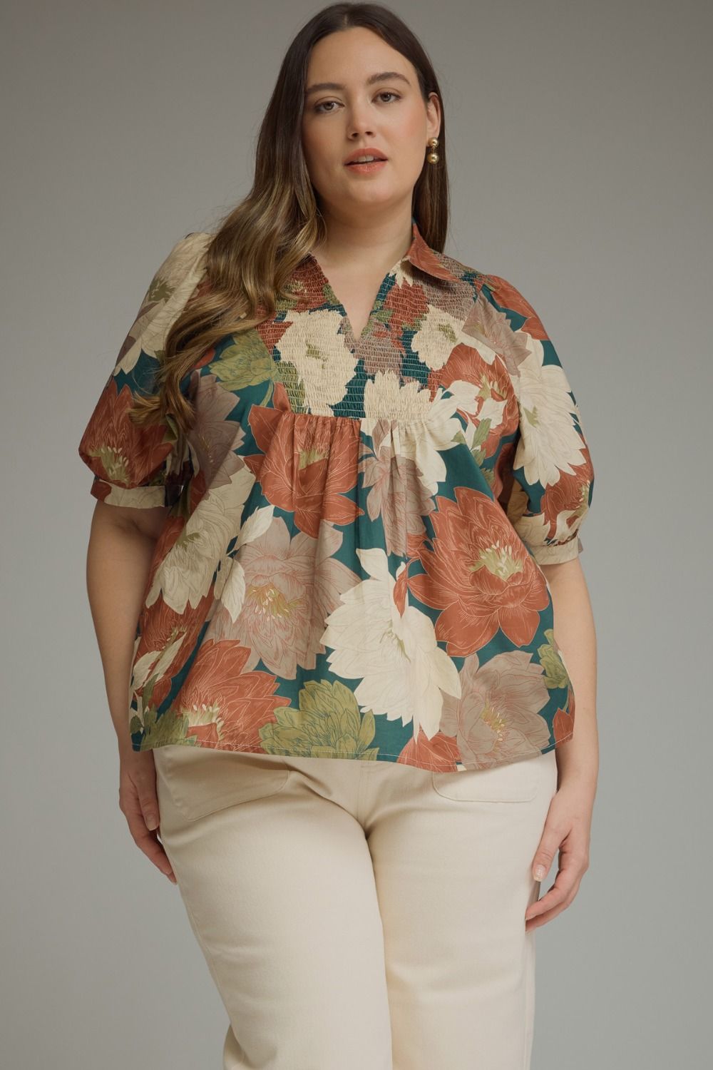 ENTRO Floral Puff Sleeve Top With V Neck In Teal PLUS Sizes *COMING SOON*