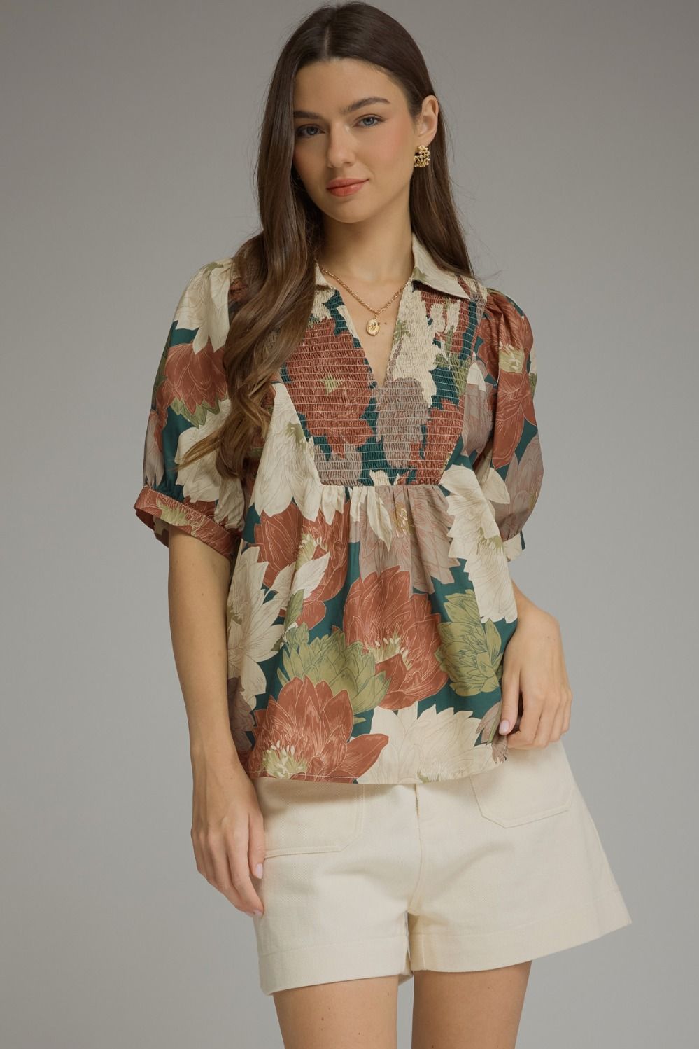 ENTRO Floral Puff Sleeve Top With V Neck In Teal *COMING SOON*