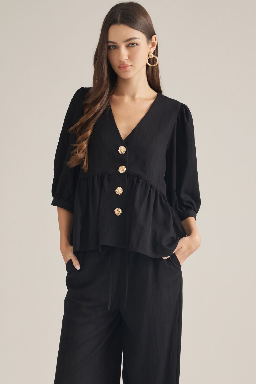 ENTRO Solid 3/4 Sleeve V Neck Top With Gold Button Detail In Black