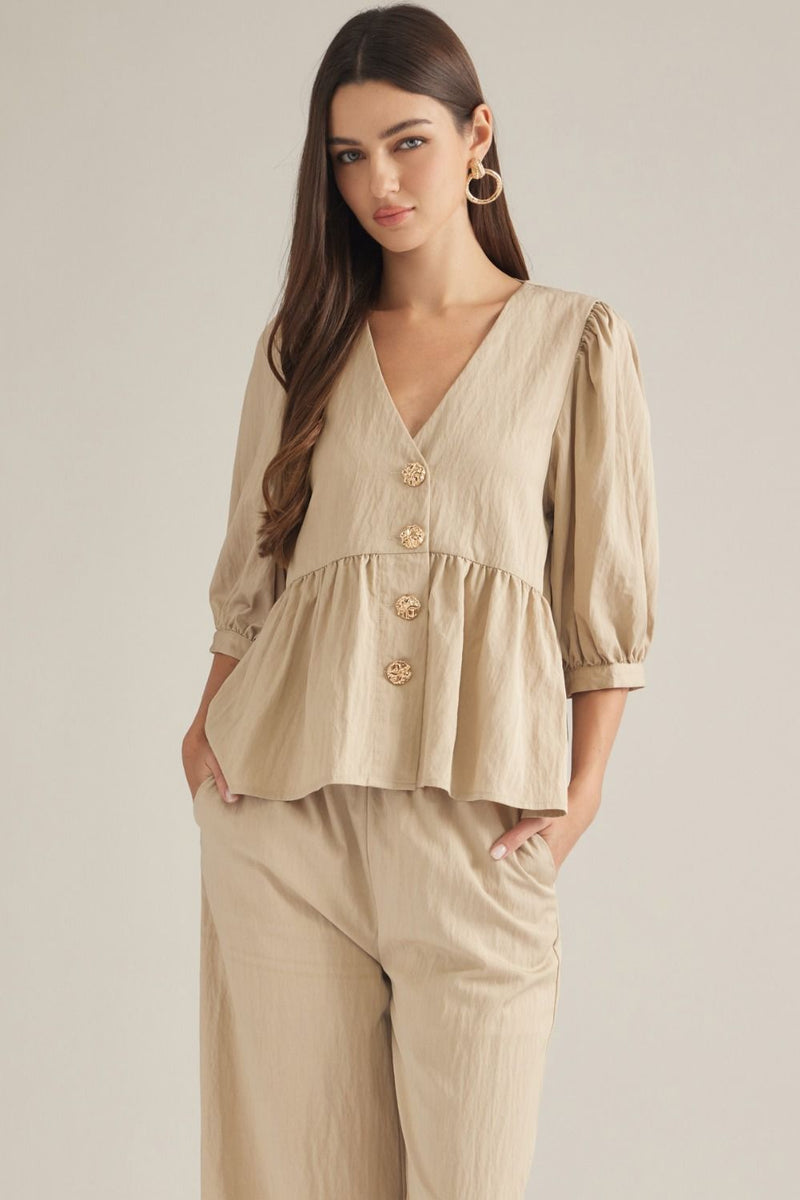 ENTRO Solid 3/4 Sleeve V Neck Top With Gold Button Detail In Taupe