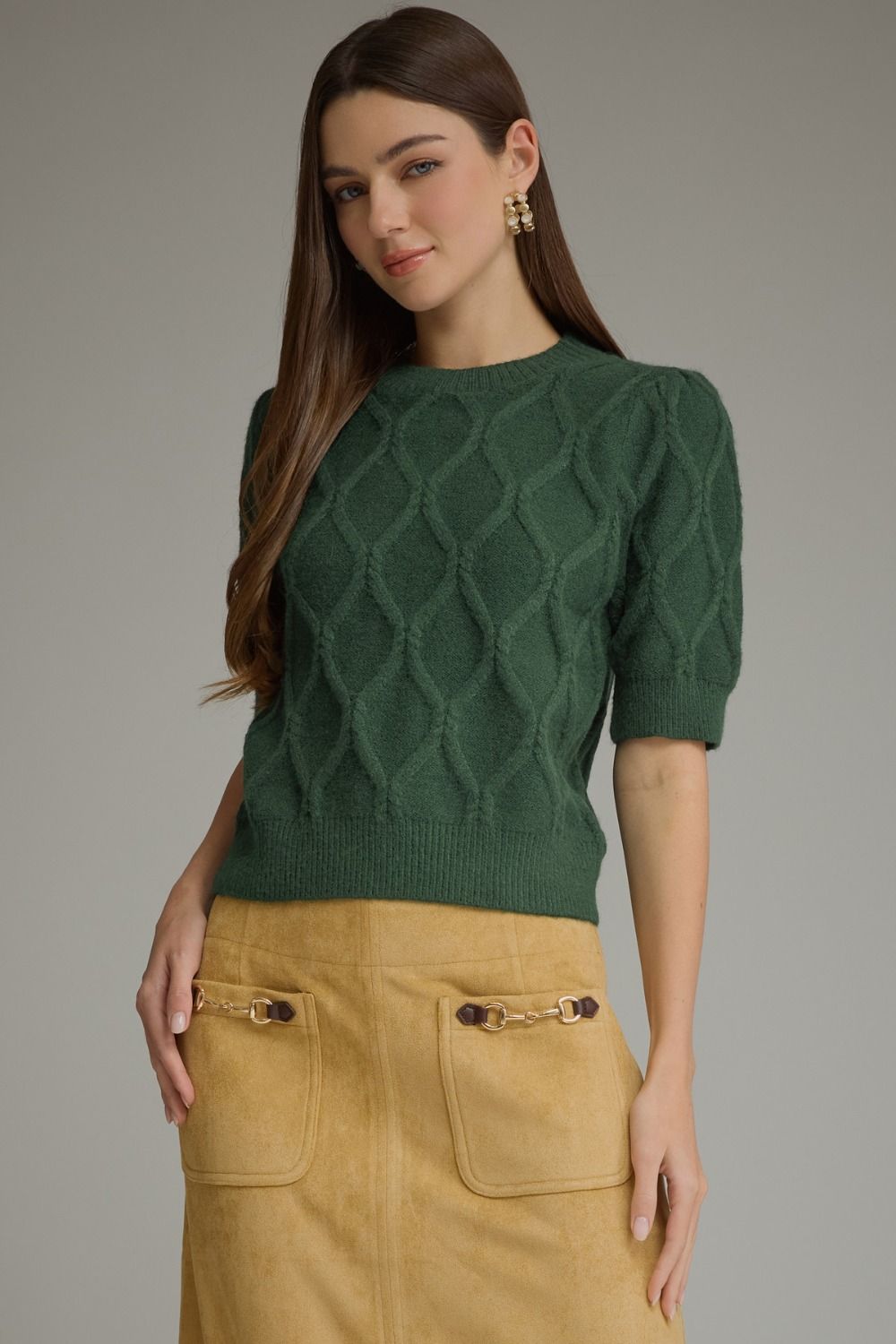 ENTRO Short Puff Sleeve Sweater Top In Pine