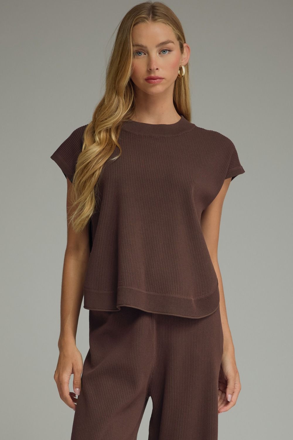 ENTRO Solid Round Neck Knit Top In Brown