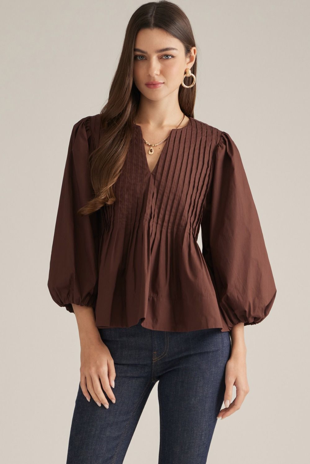 ENTRO 3/4 Balloon Sleeve Top With Pin Tuck Detail In Brown