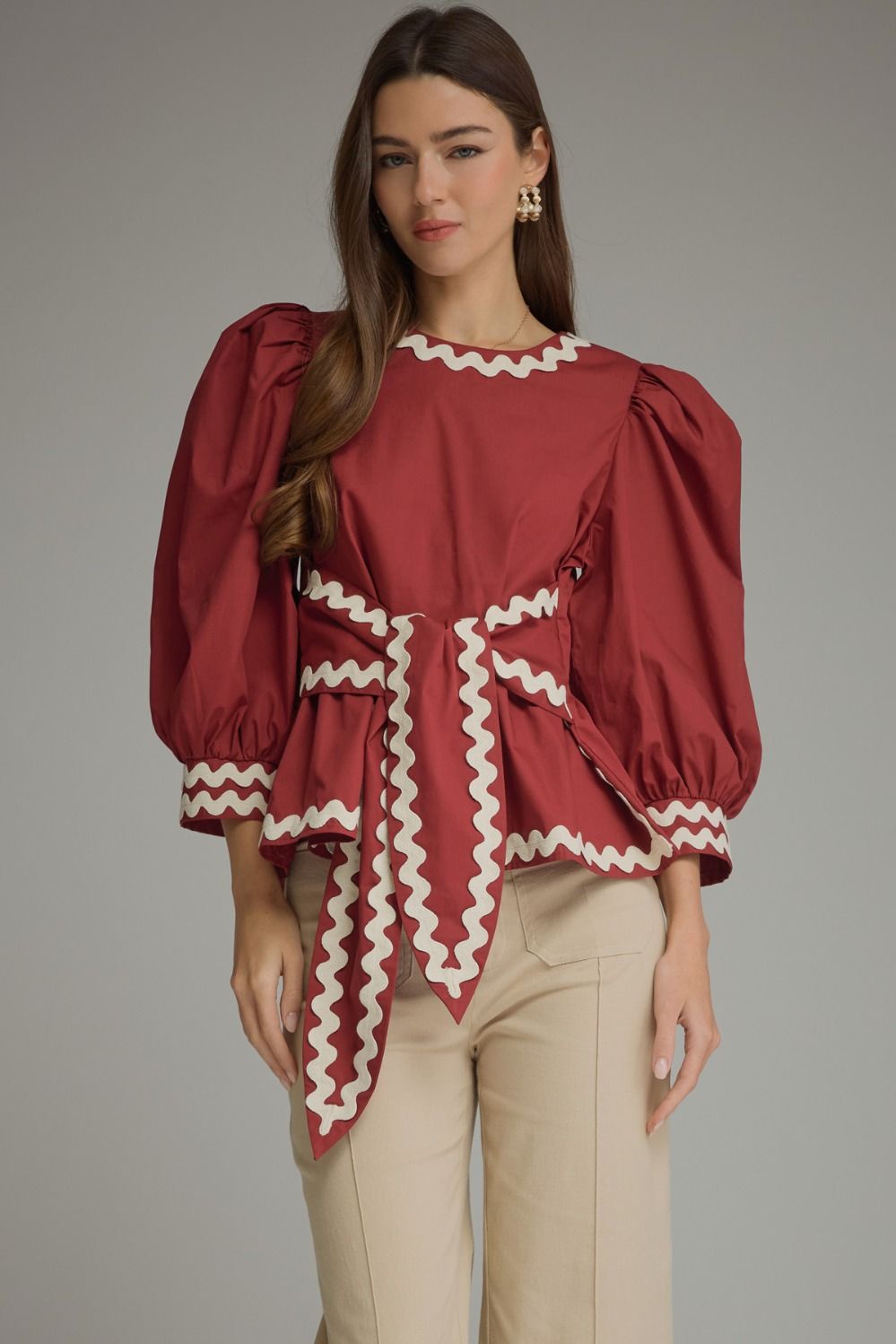 ENTRO 3/4 Puff Sleeve Top With Tie Waist & Ric Rack Trim In Burgundy