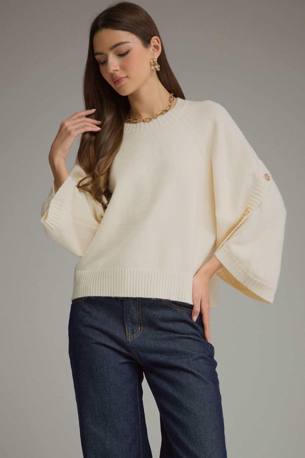 ENTRO Solid Poncho Sleeve Sweater Top In Cream *COMING SOON*