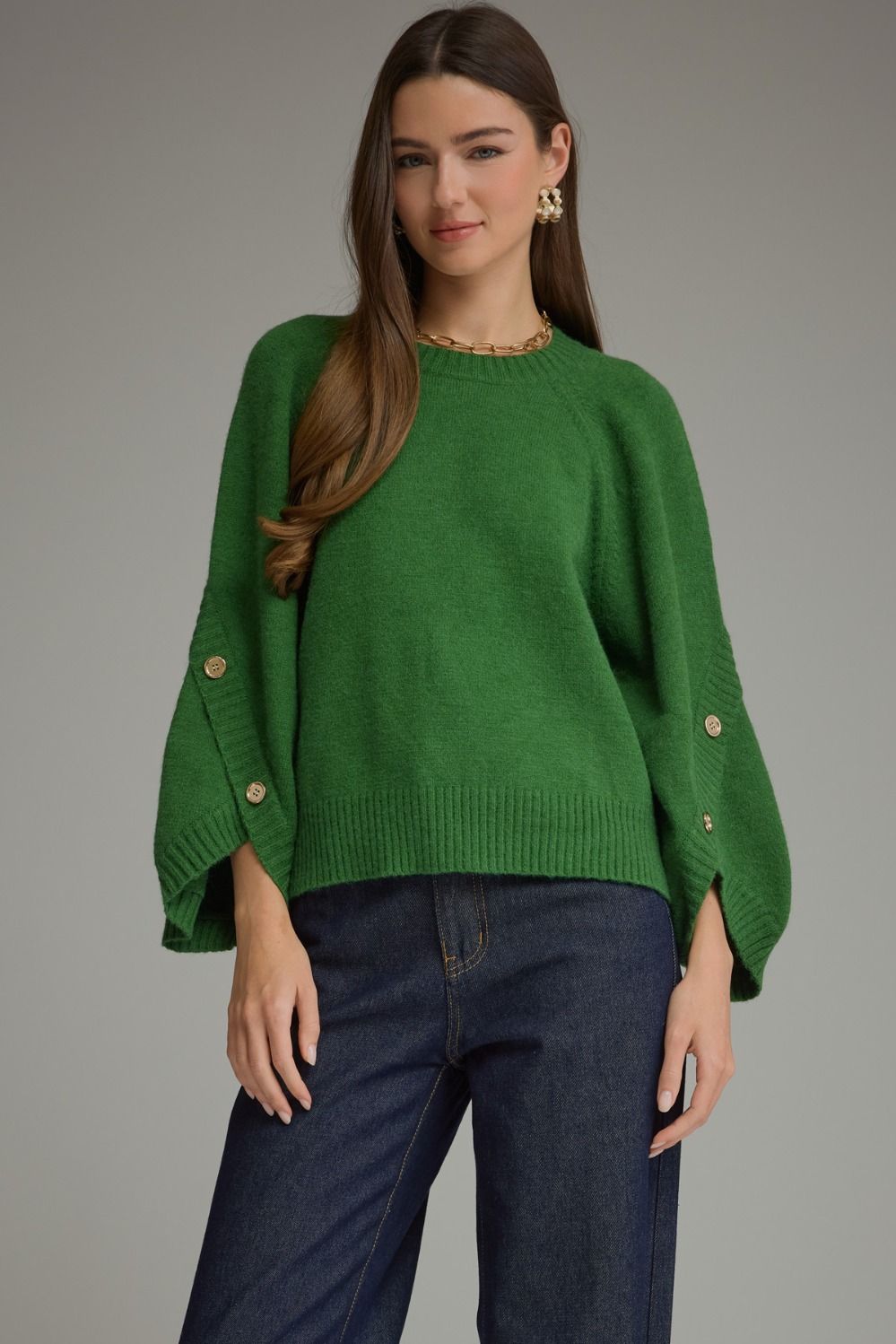 ENTRO Solid Poncho Sleeve Sweater Top In Pine *COMING SOON*