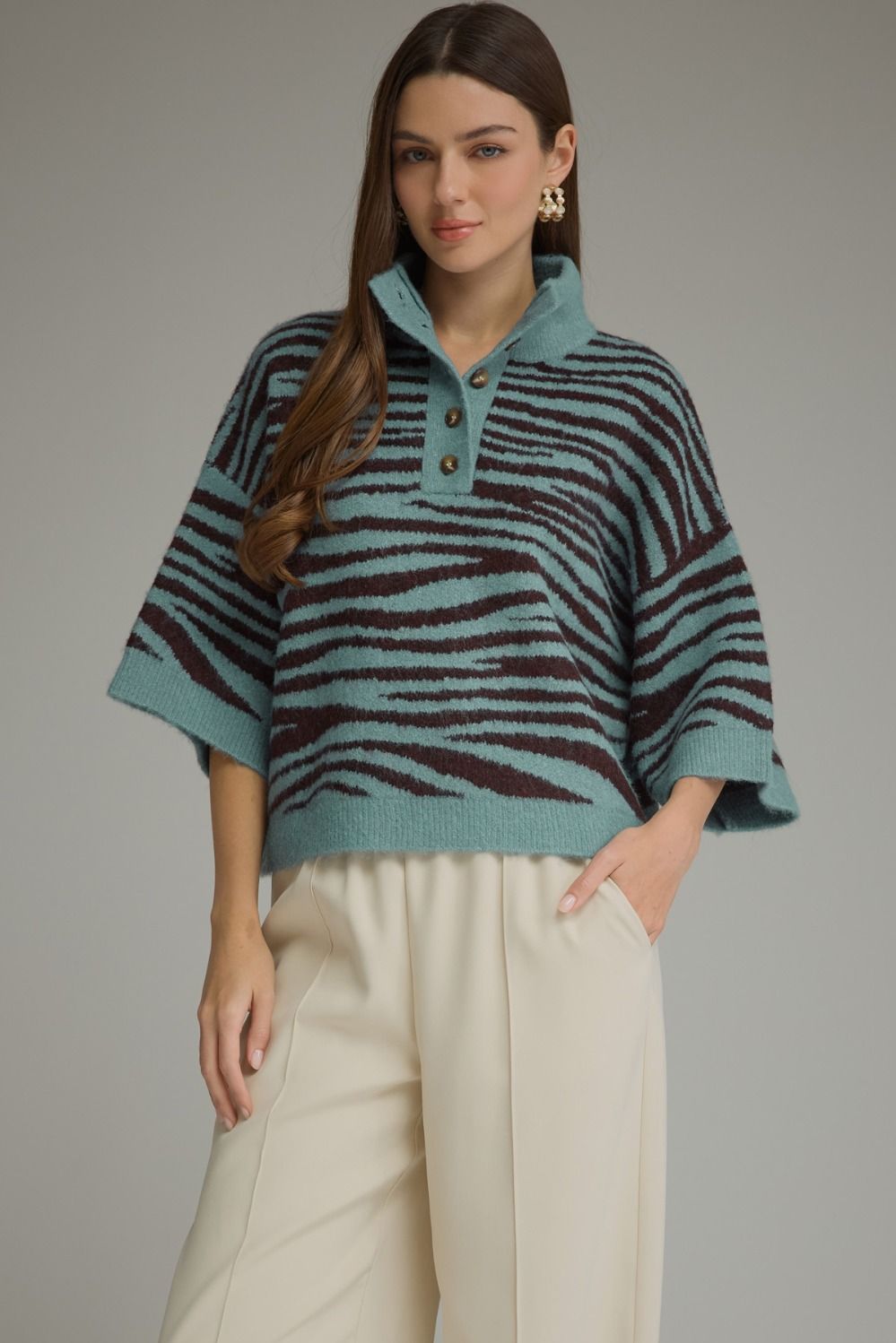 ENTRO Abstract Animal Print 3/4 Sleeve Sweater With Button Neck In Dusty Blue