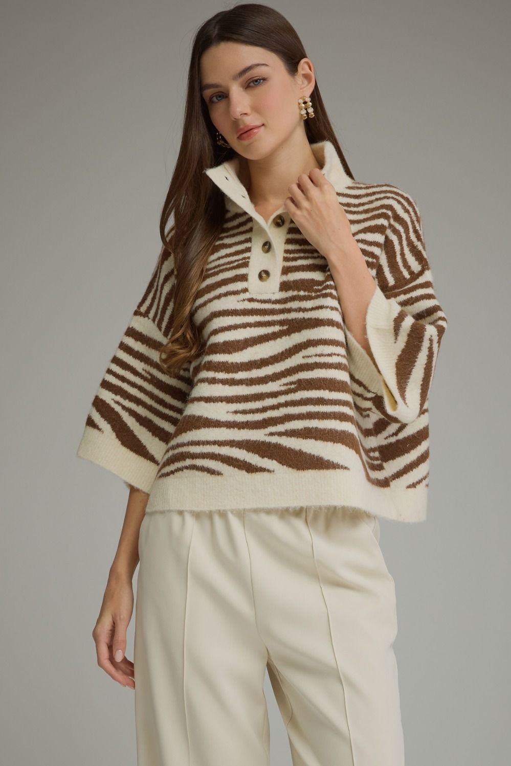 ENTRO Abstract Animal Print 3/4 Sleeve Sweater With Button Neck In Ecru Brown