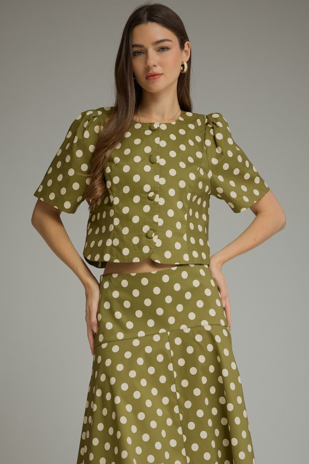ENTRO Polka Dot Short Sleeve Top In Olive