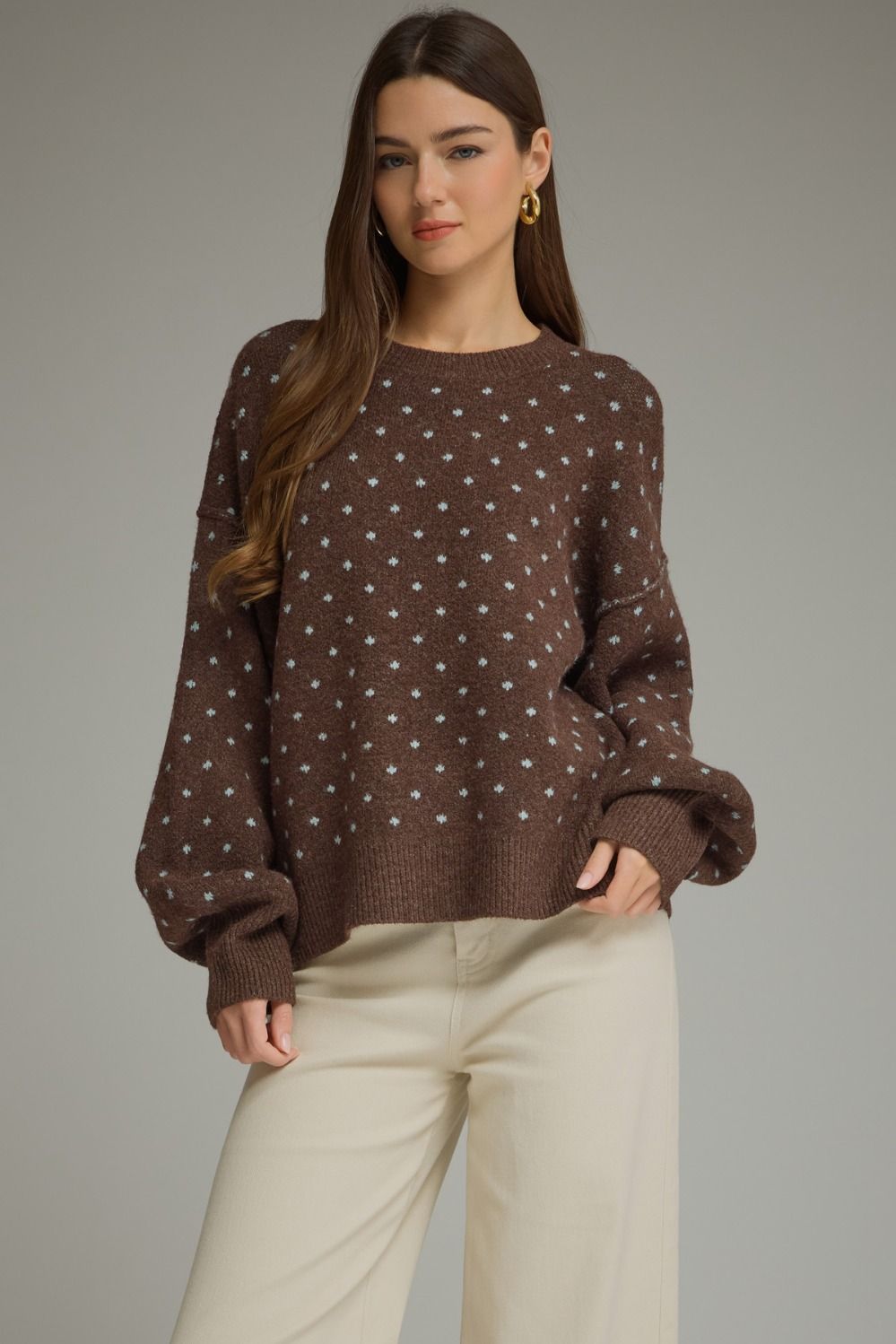 ENTRO Long Sleeve Polka Dot Sweater In Brown