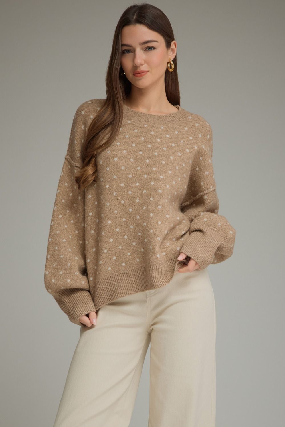 ENTRO Long Sleeve Polka Dot Sweater In Tan