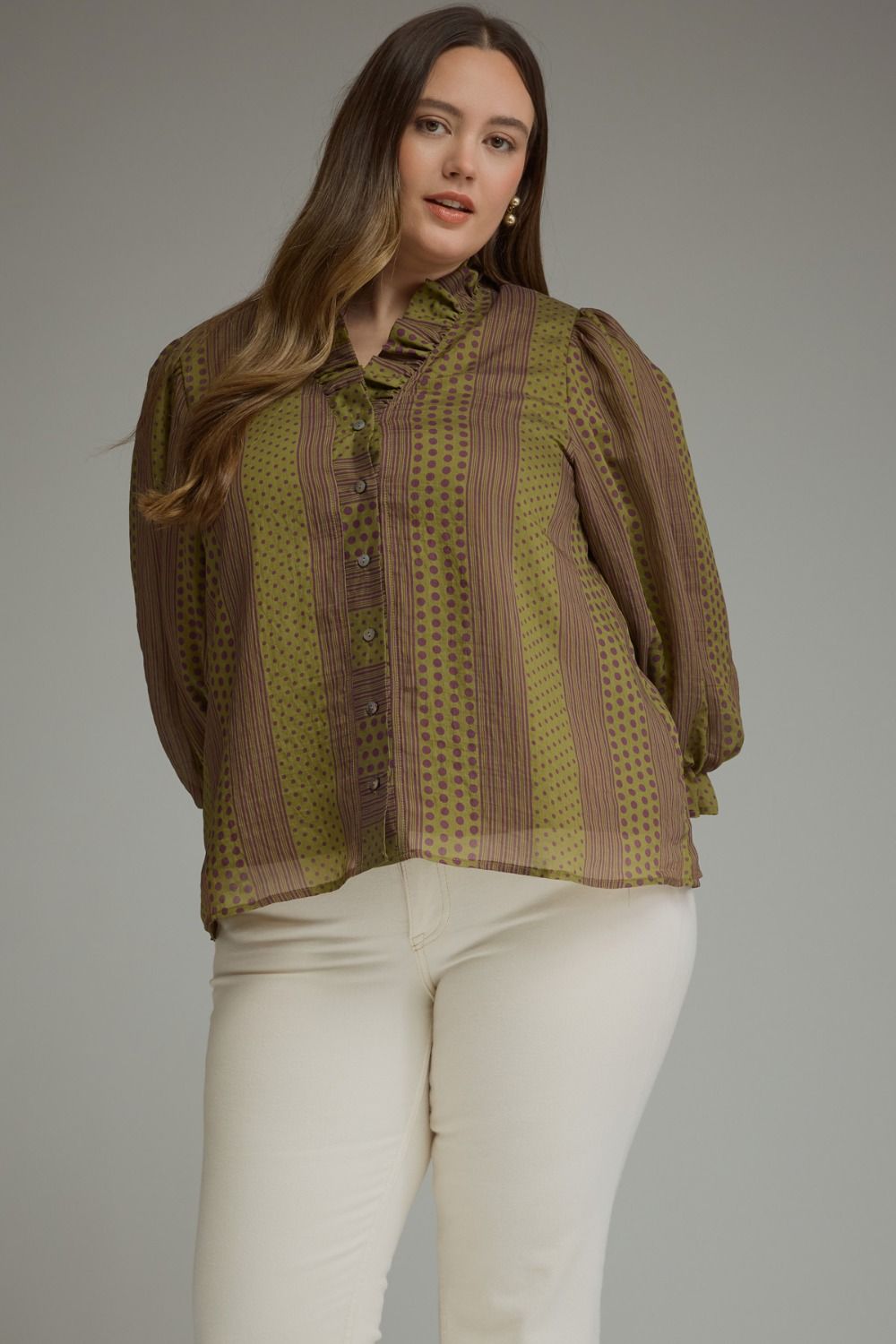ENTRO Polka Dot & Stripe 3/4 Balloon Sleeve Top In Martini Olive *COMING SOON*