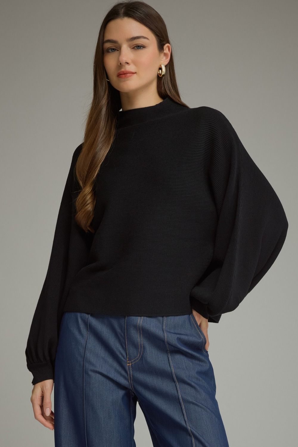 ENTRO Long Balloon Sleeve Knit Mock Neck Top In Black