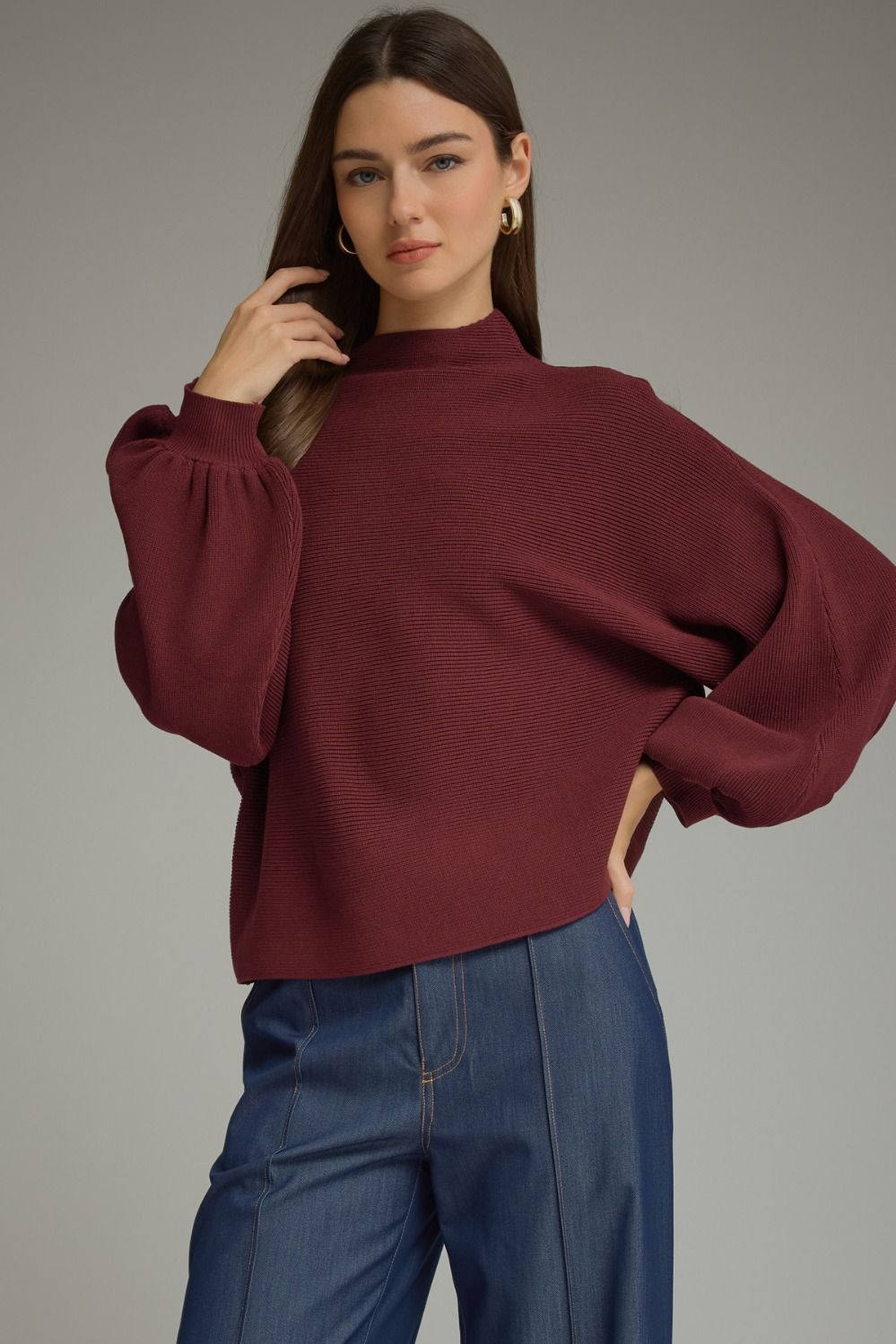 ENTRO Long Balloon Sleeve Knit Mock Neck Top In Burgundy