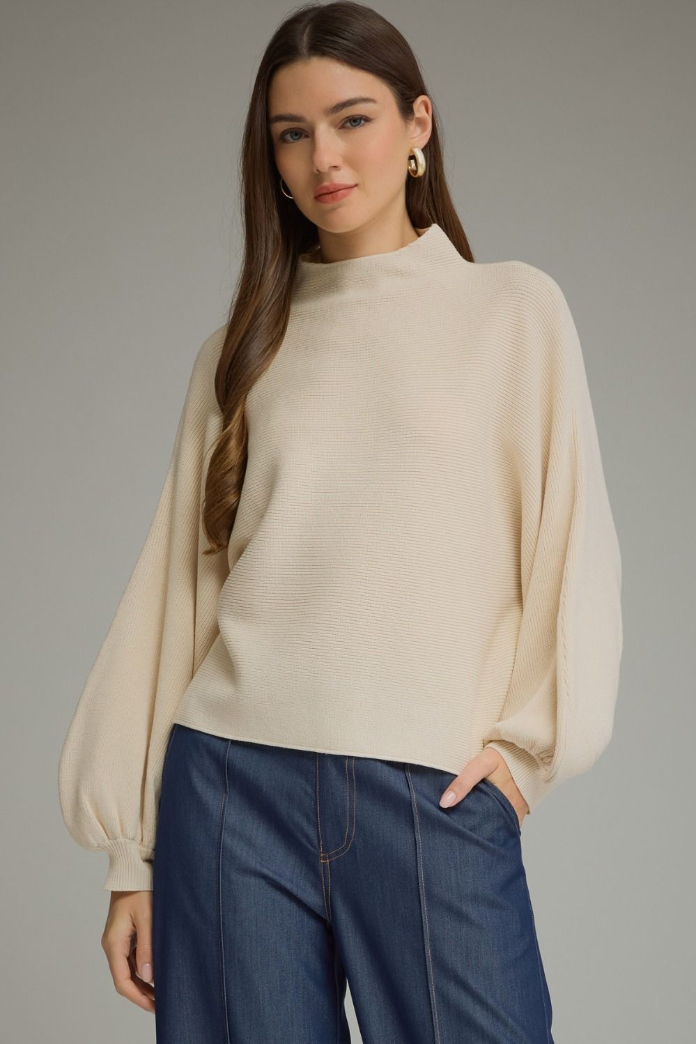 ENTRO Long Balloon Sleeve Knit Mock Neck Top In Ecru