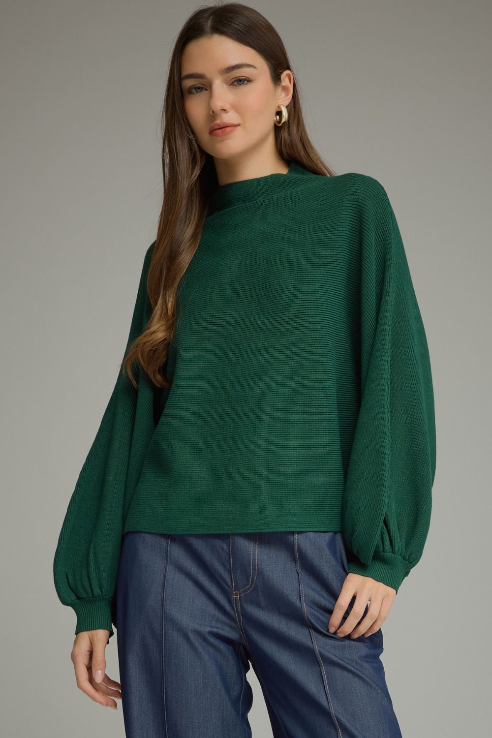 ENTRO Long Balloon Sleeve Knit Mock Neck Top In Pine