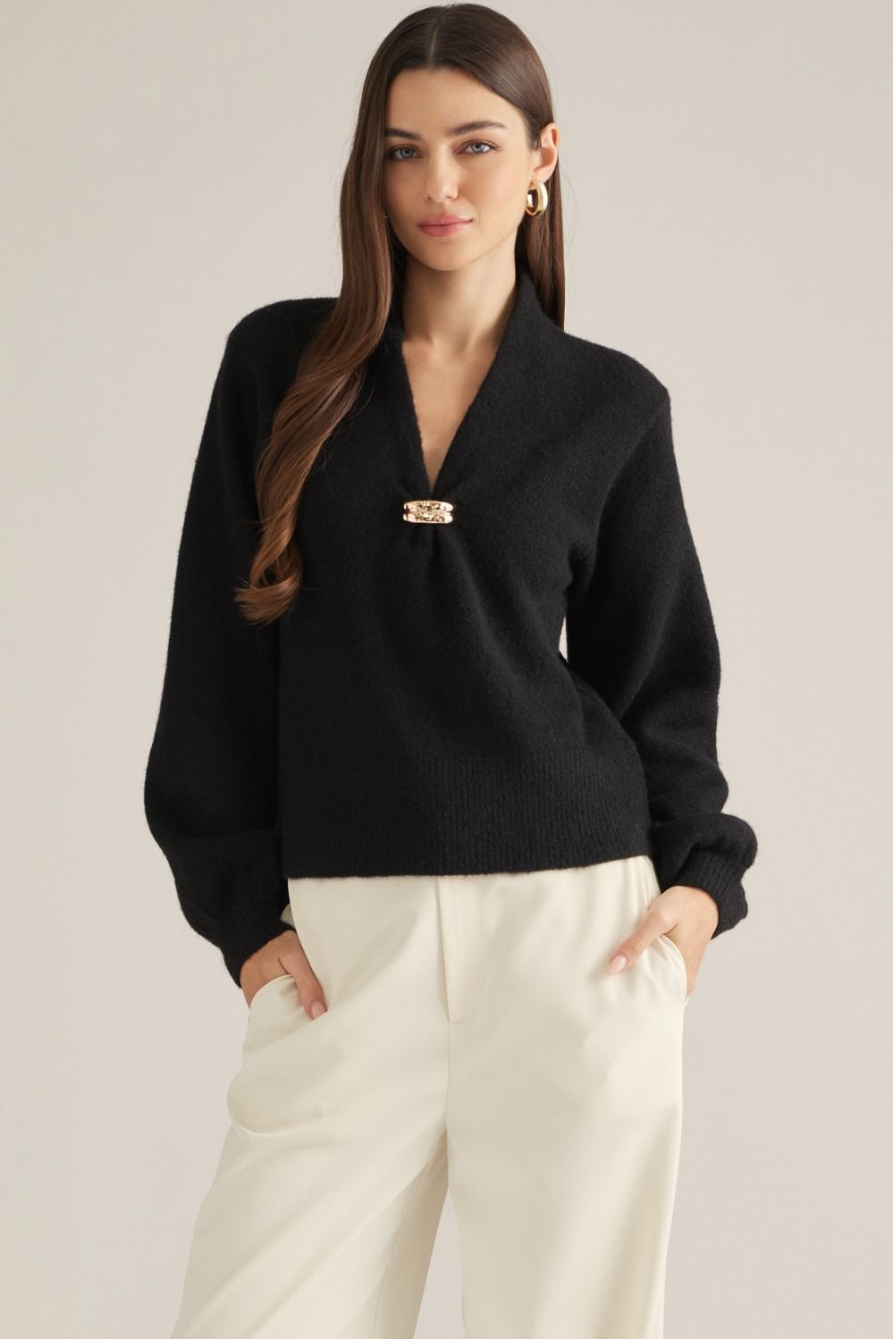 ENTRO Solid Long Sleeve Knit V Neck Top With Gold Accent In Black *COMING SOON*