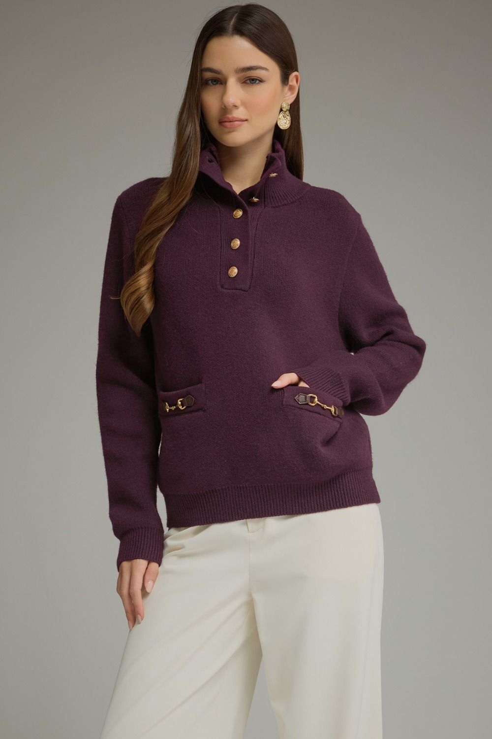 ENTRO Solid Long Sleeve Sweater Top With Horesbit Pocket In Eggplant  *COMING SOON*