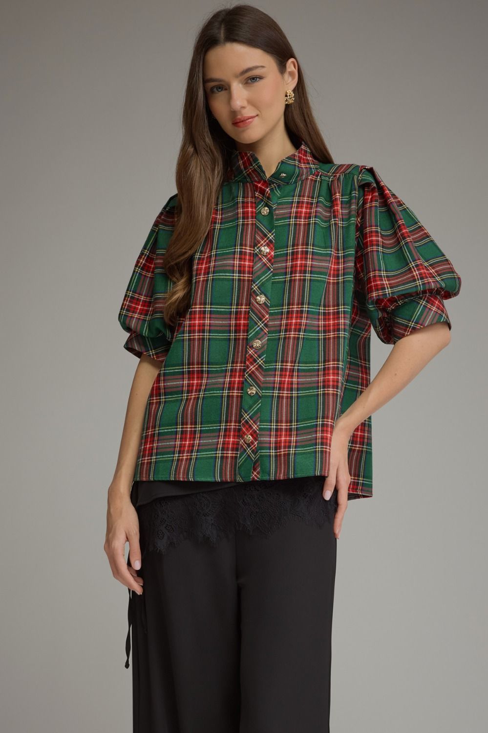 ENTRO Plaid Short Puff Sleeve Top With High Neck In Green