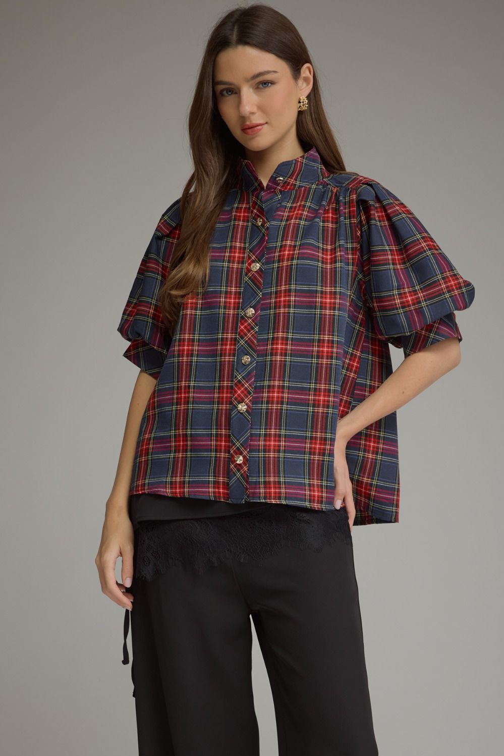 ENTRO Plaid Short Puff Sleeve Top With High Neck In Navy