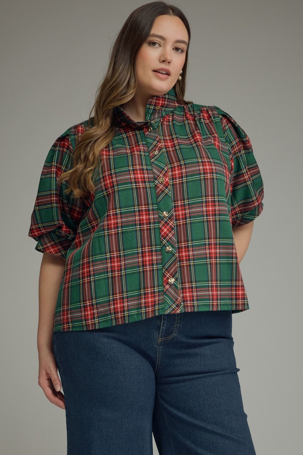 ENTRO Plaid Short Puff Sleeve Top With High Neck In Green PLUS Sizes