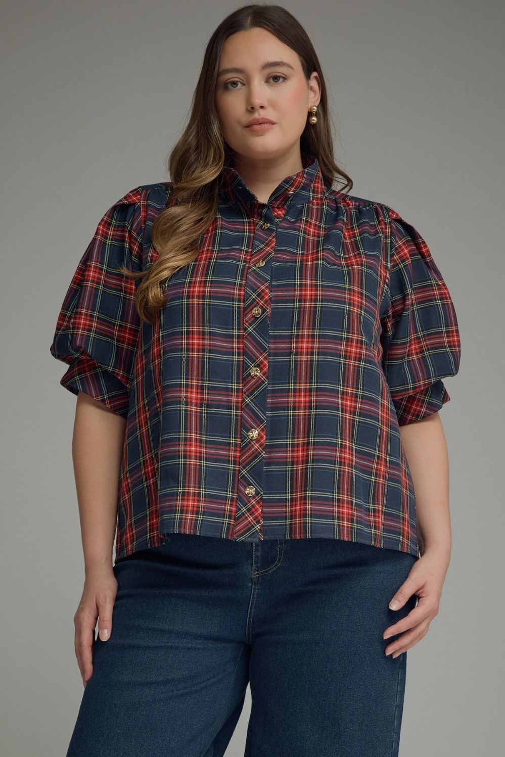 ENTRO Plaid Short Puff Sleeve Top With High Neck In Navy PLUS Sizes