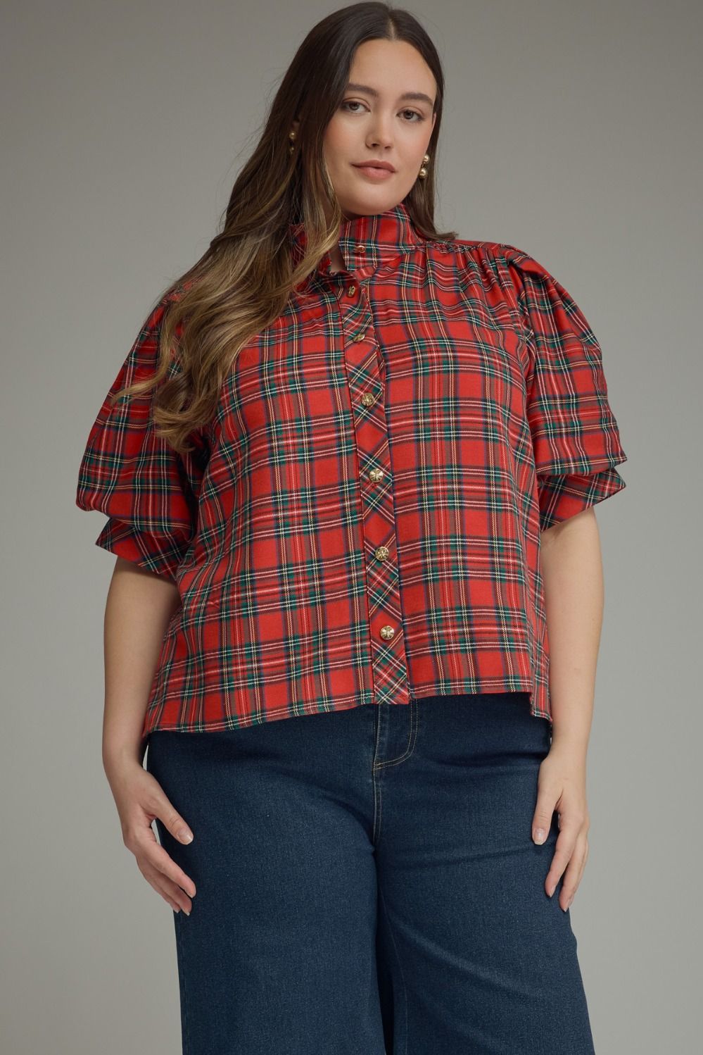 ENTRO Plaid Short Puff Sleeve Top With High Neck In Red PLUS Sizes