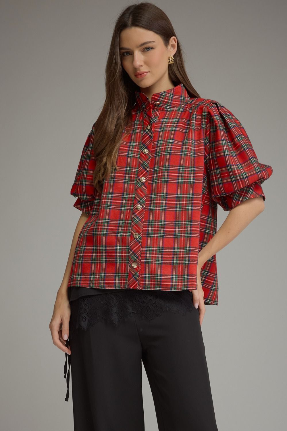 ENTRO Plaid Short Puff Sleeve Top With High Neck In Red
