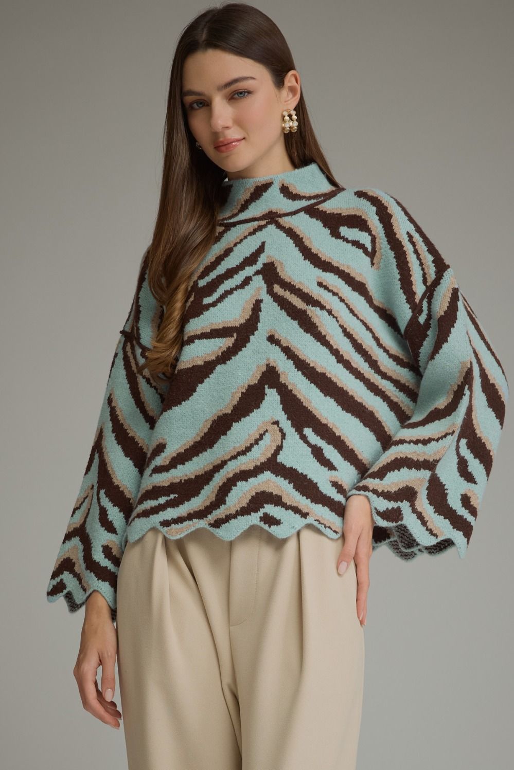 ENTRO Animal Print Long Sleeve Knit Top In Light Blue *COMING SOON*