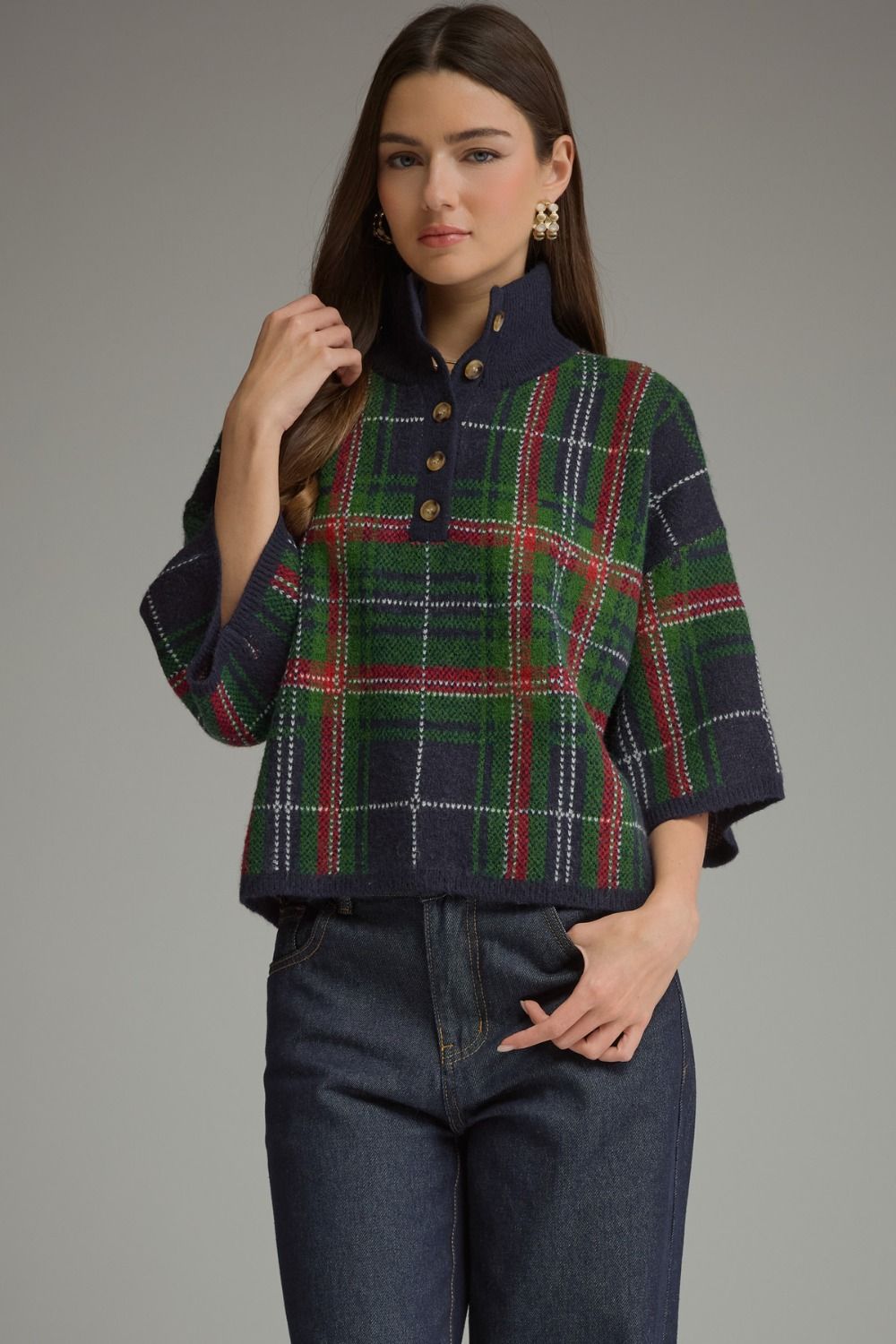 ENTRO Plaid 3/4 Sleeve Button Top Sweater In Navy *COMING SOON*