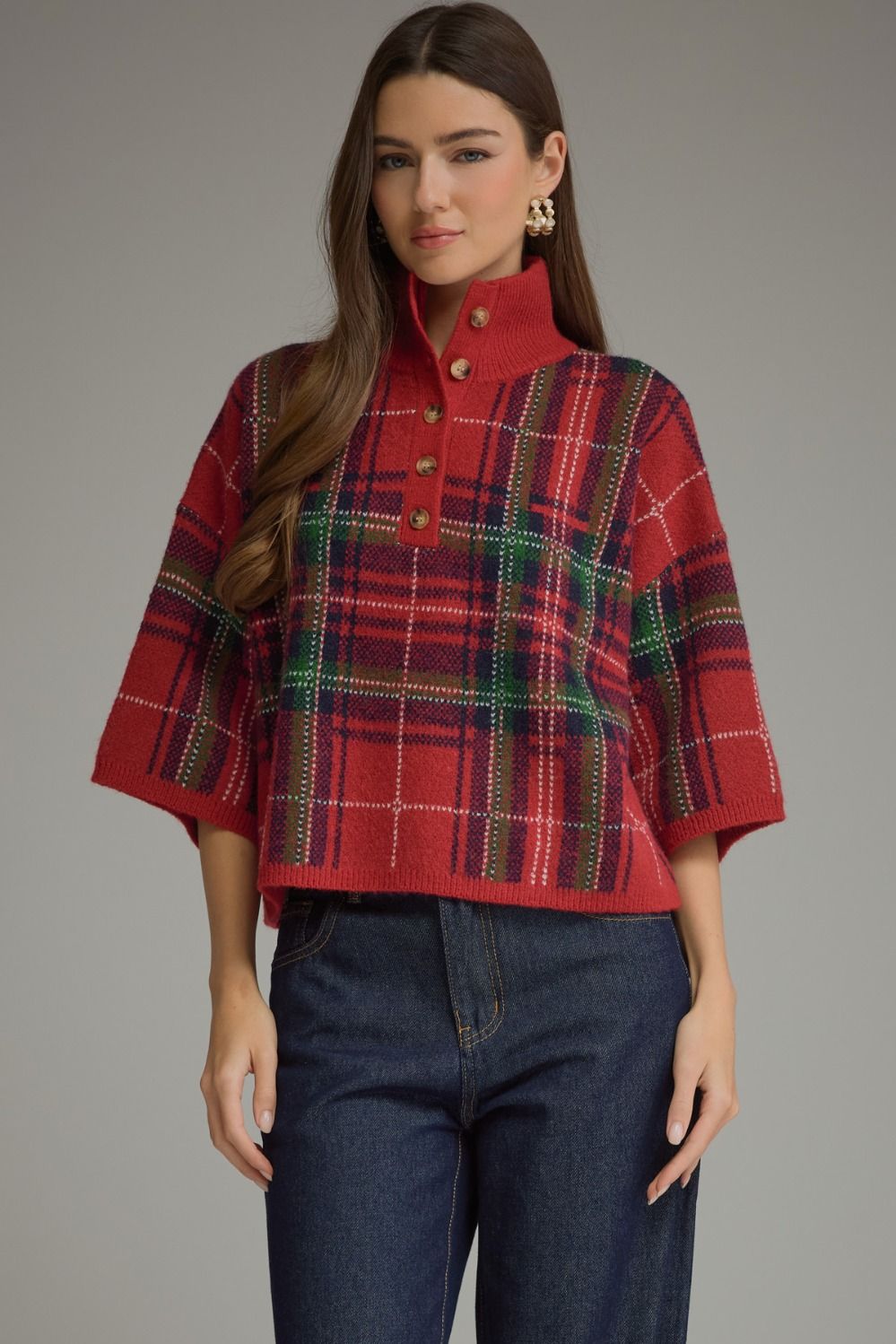 ENTRO Plaid 3/4 Sleeve Button Top Sweater In Red *COMING SOON*
