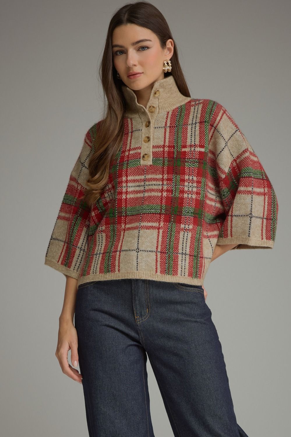 ENTRO Plaid 3/4 Sleeve Button Top Sweater In Taupe *COMING SOON*