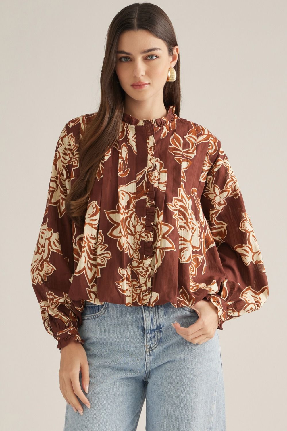ENTRO Floral Long Sleeve Ruffle Neck Top In Brown  *COMING SOON*