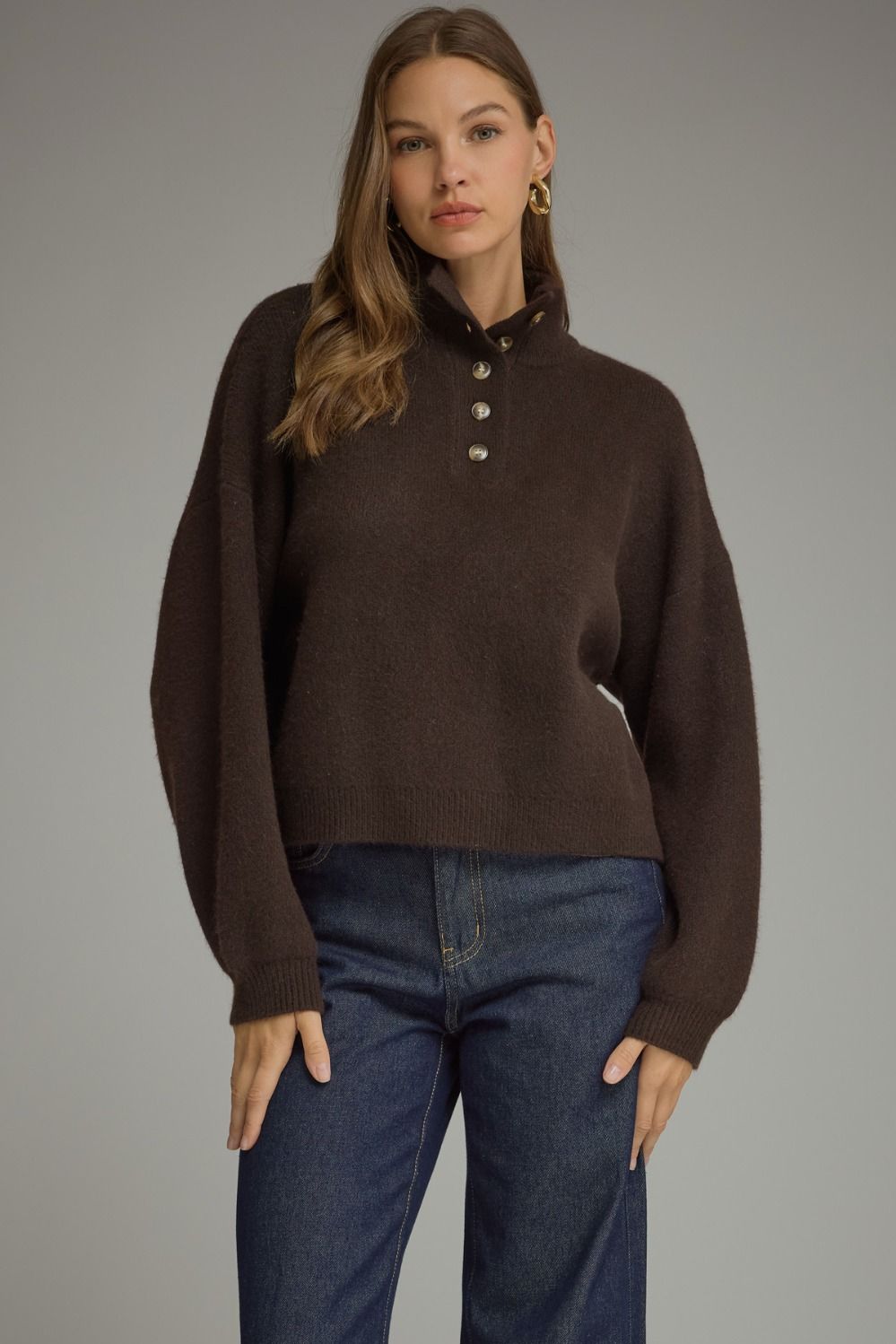 ENTRO Solid Balloon Sleeve Sweater Top In Brown