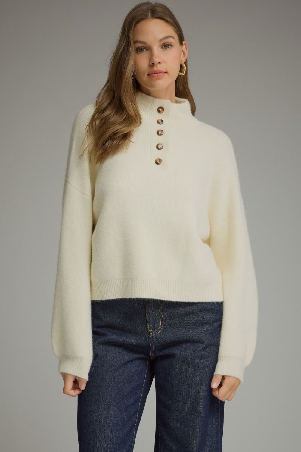 ENTRO Solid Balloon Sleeve Sweater Top In Cream