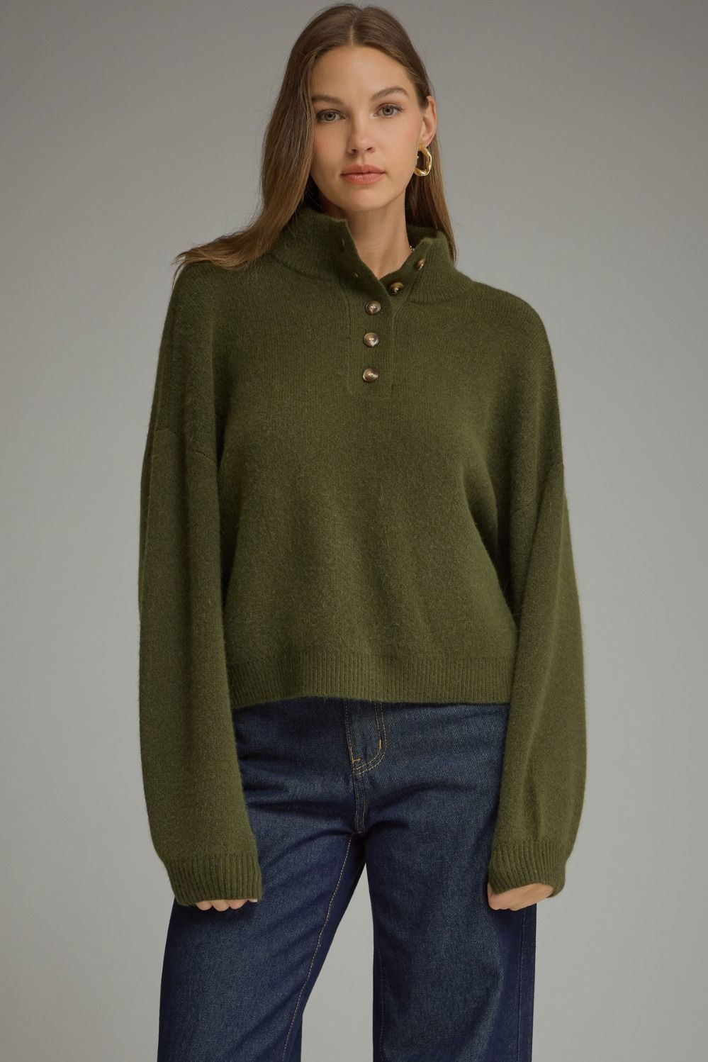 ENTRO Solid Balloon Sleeve Sweater Top In Olive