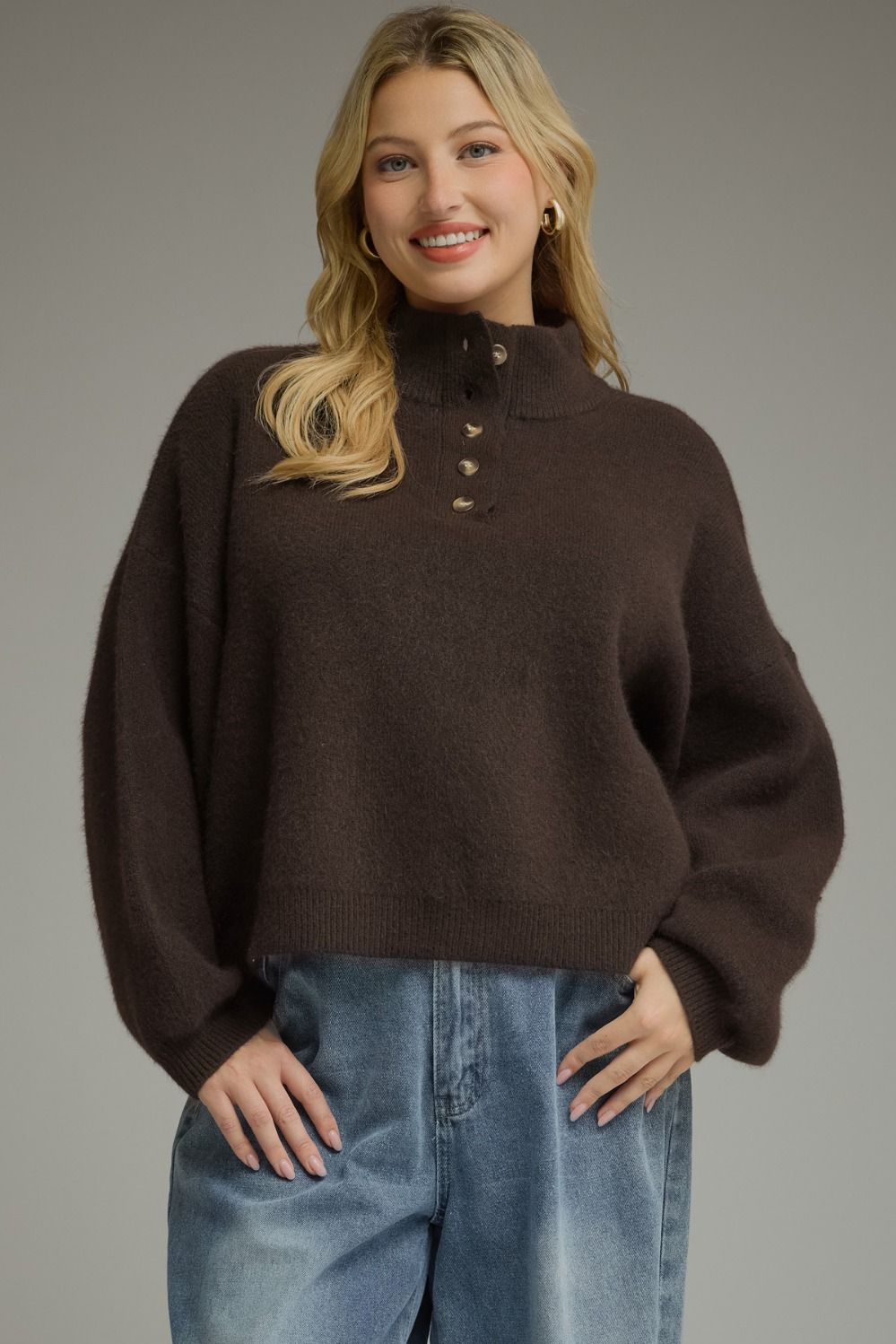 ENTRO Balloon Sleeve Button Sweater Top In Brown PLUS Sizes *COMING SOON*