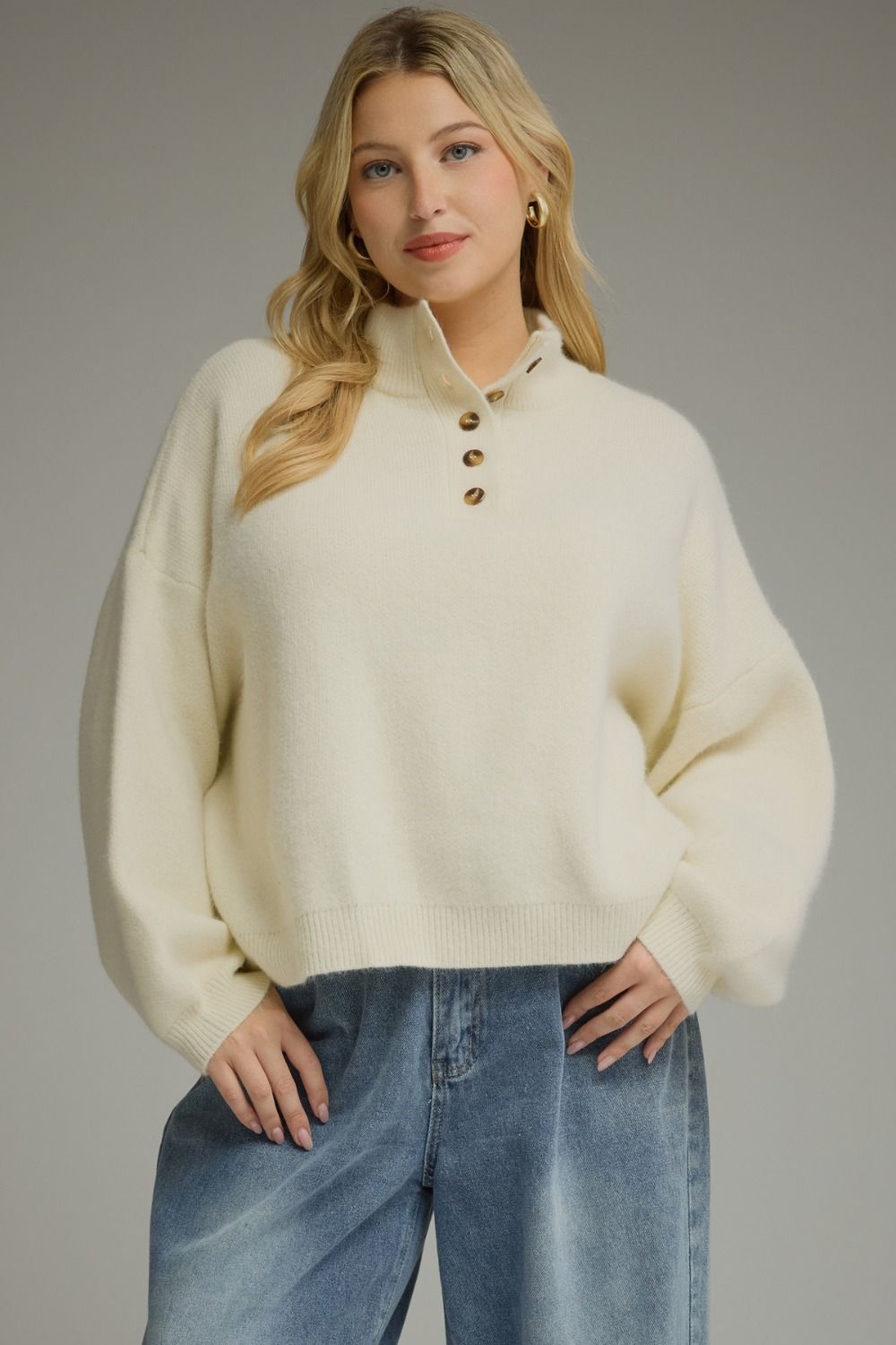 ENTRO Balloon Sleeve Button Sweater Top In Cream PLUS Sizes *COMING SOON*