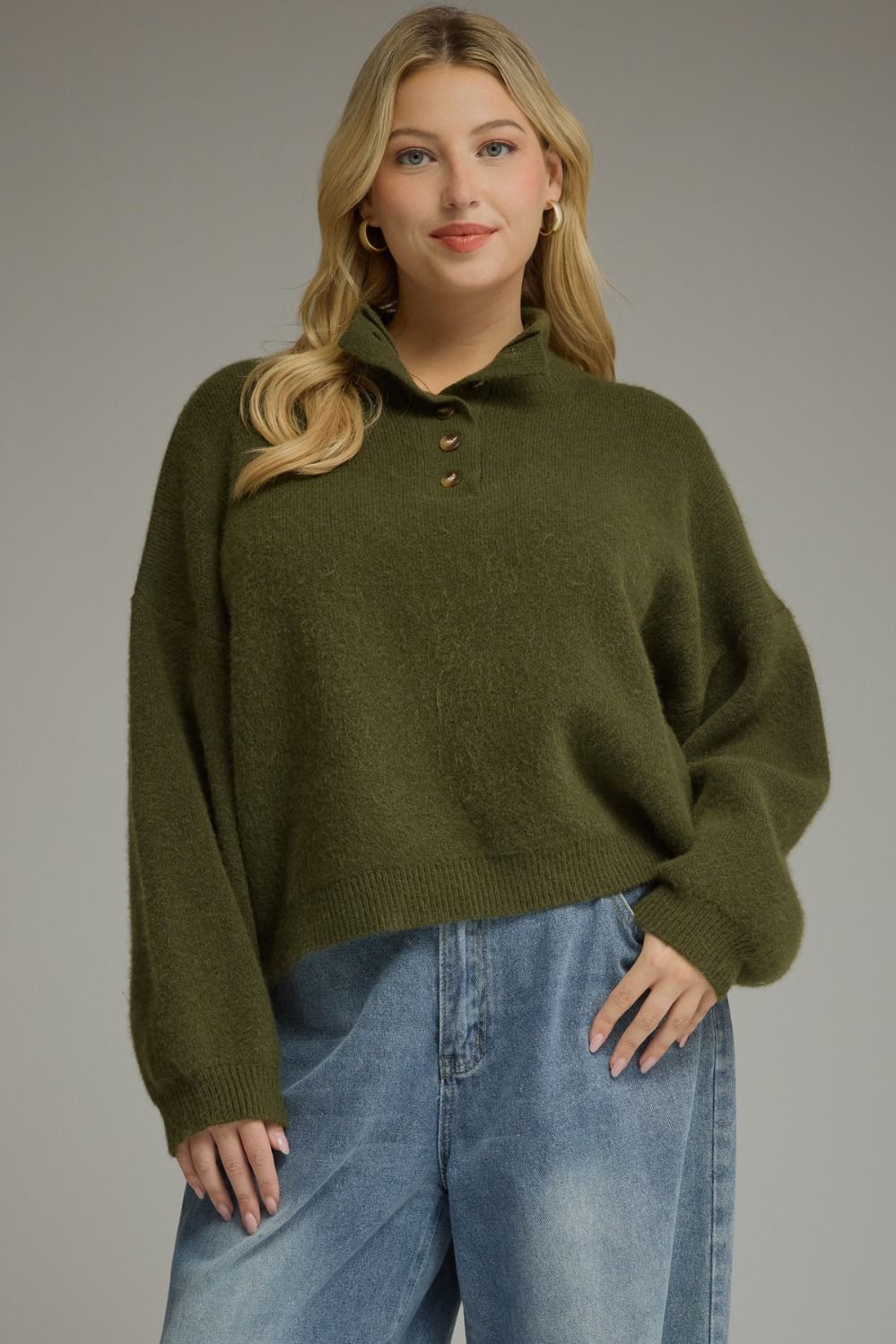 ENTRO Balloon Sleeve Button Sweater Top In Olive PLUS Sizes *COMING SOON*