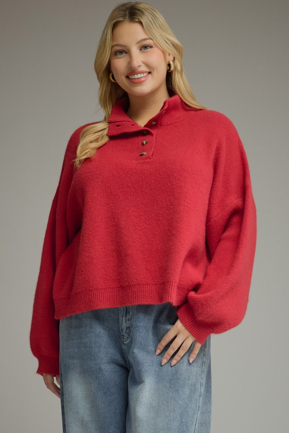 ENTRO Balloon Sleeve Button Sweater Top In Red PLUS Sizes *COMING SOON*