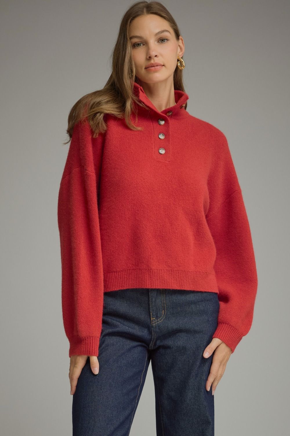 ENTRO Solid Balloon Sleeve Sweater Top In Red