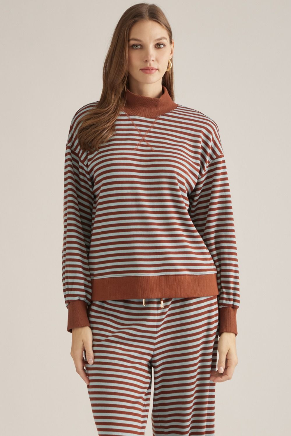 ENTRO Striped Long Sleeve Mock Neck Top In Brown Blue *COMING SOON*