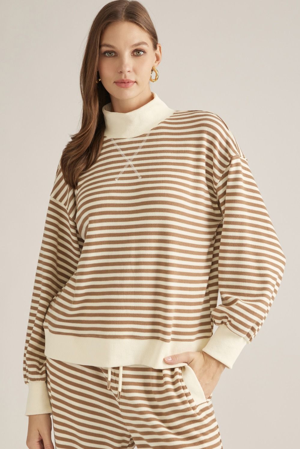 ENTRO Striped Long Sleeve Mock Neck Top In Cream Taupe *COMING SOON*