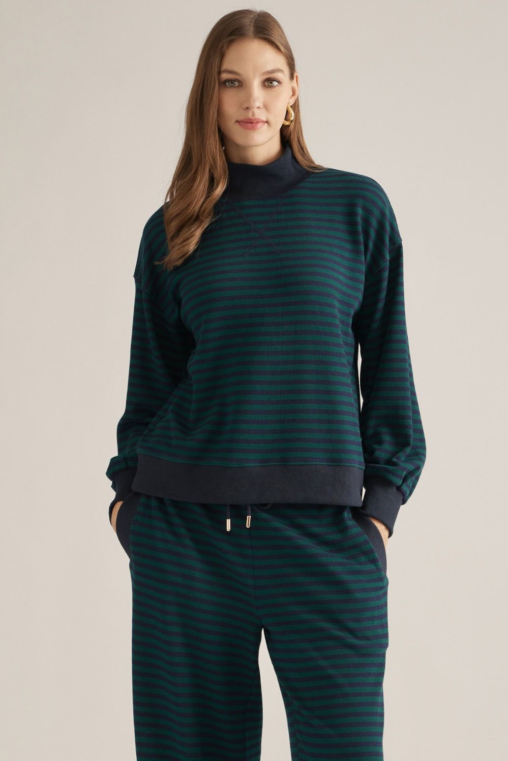 ENTRO Striped Long Sleeve Mock Neck Top In Hunter Green *COMING SOON*